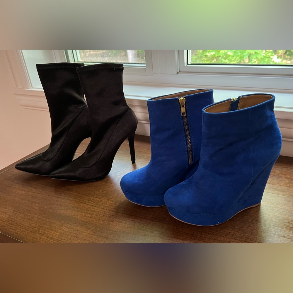Black satin pull on booties and blue platform heel booties